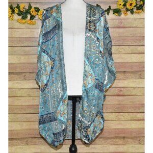 Umgee Ladies S/M Sheer Aqua Blue & Gold Pretty Print Open Front Kimono Cardigan